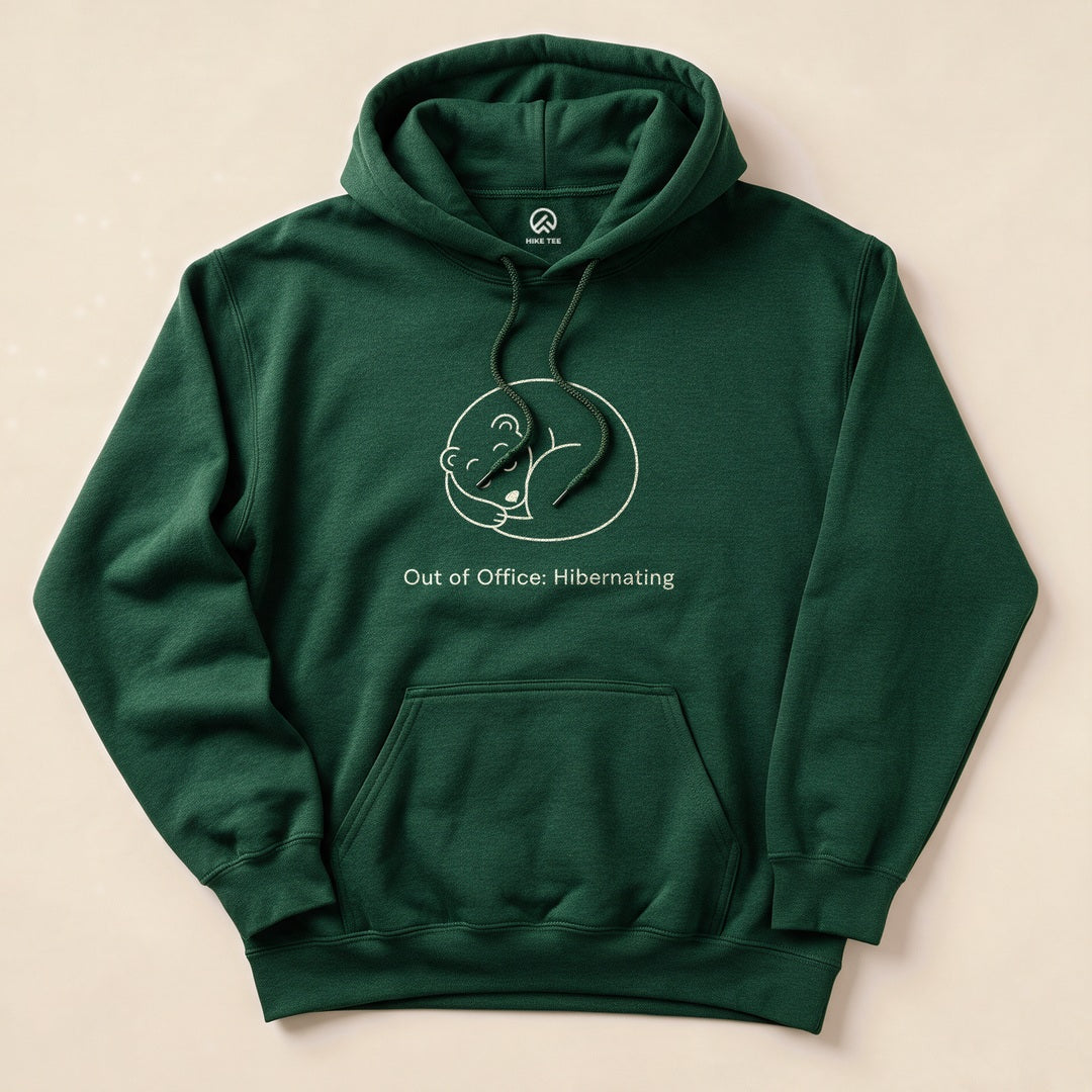 Forest Green Out of Office Hibernating Hoodie with a sleeping curled-up bear line art graphic