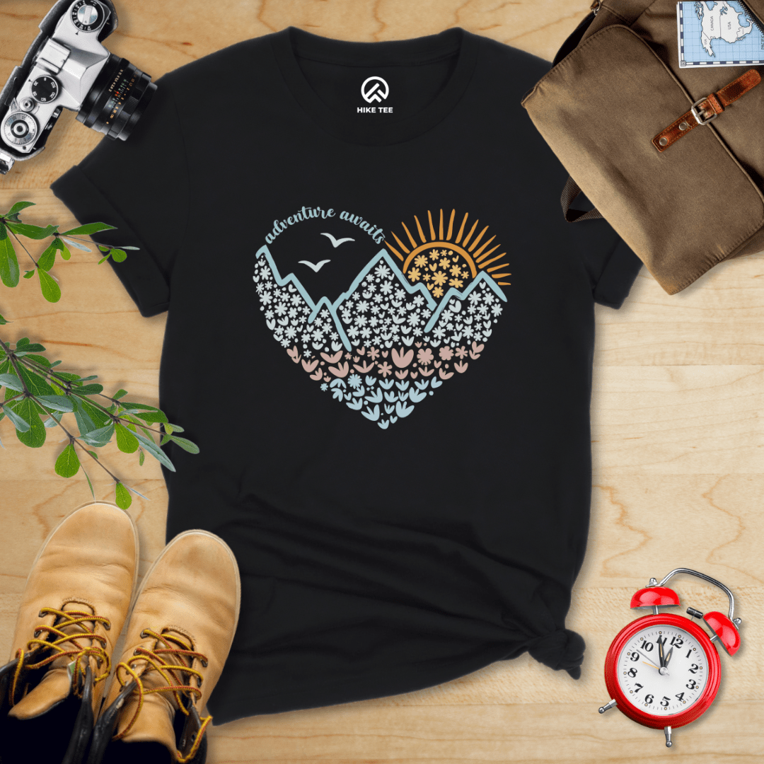 Hike Tee T-Shirt Black / S Adventure Awaits Flower Heart Shirt