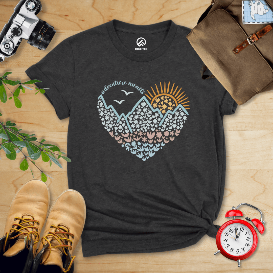Hike Tee T-Shirt Dark Grey Heather / S Adventure Awaits Flower Heart Shirt