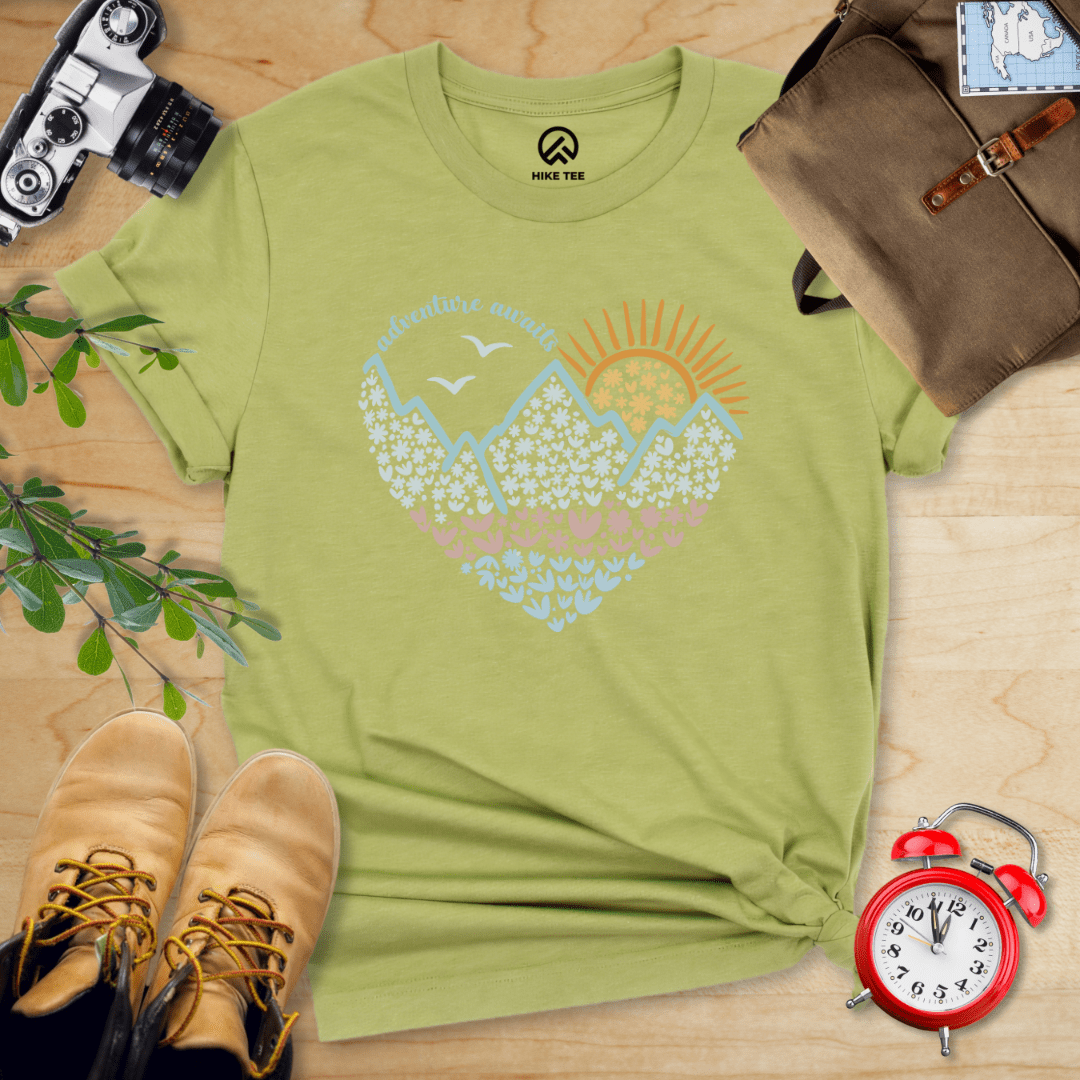 Hike Tee T-Shirt Heather Green / S Adventure Awaits Flower Heart Shirt