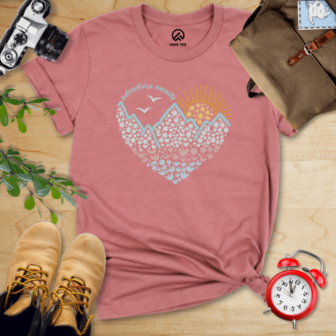 Hike Tee T-Shirt Heather Mauve / S Adventure Awaits Flower Heart Shirt