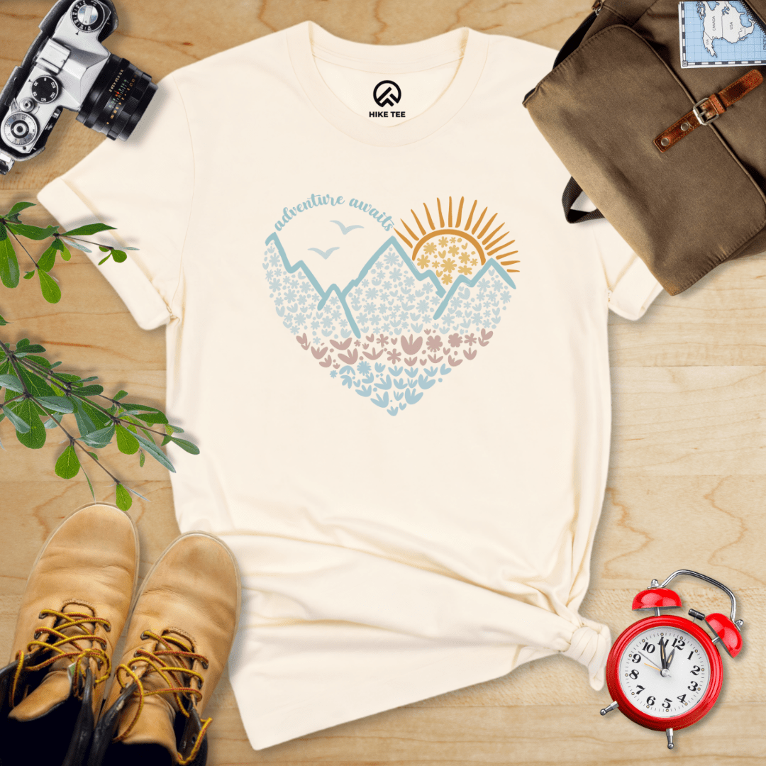 Hike Tee T-Shirt Natural / S Adventure Awaits Flower Heart Shirt
