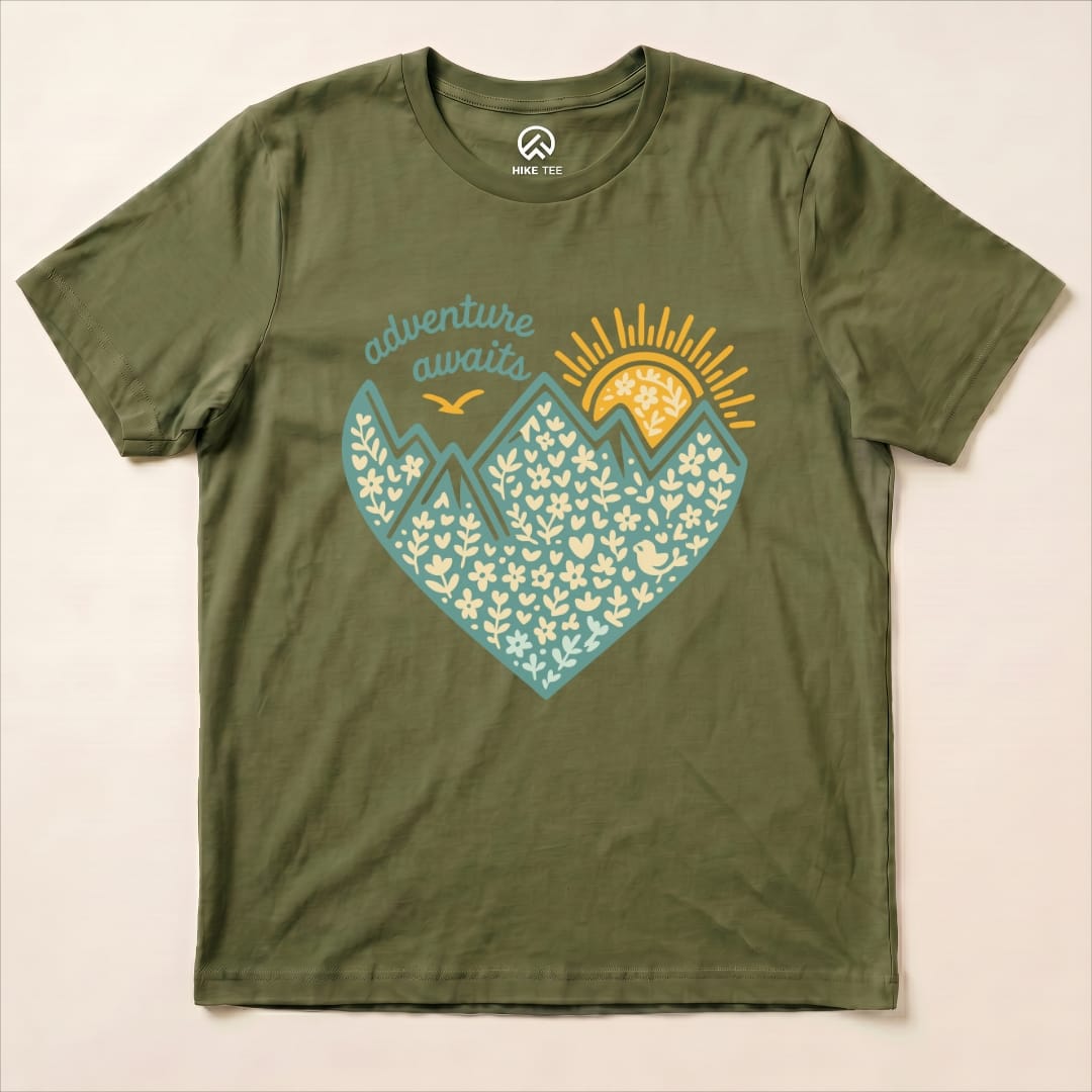Adventure Awaits Heart Shirt Hike Tee T-Shirt Military Green / S