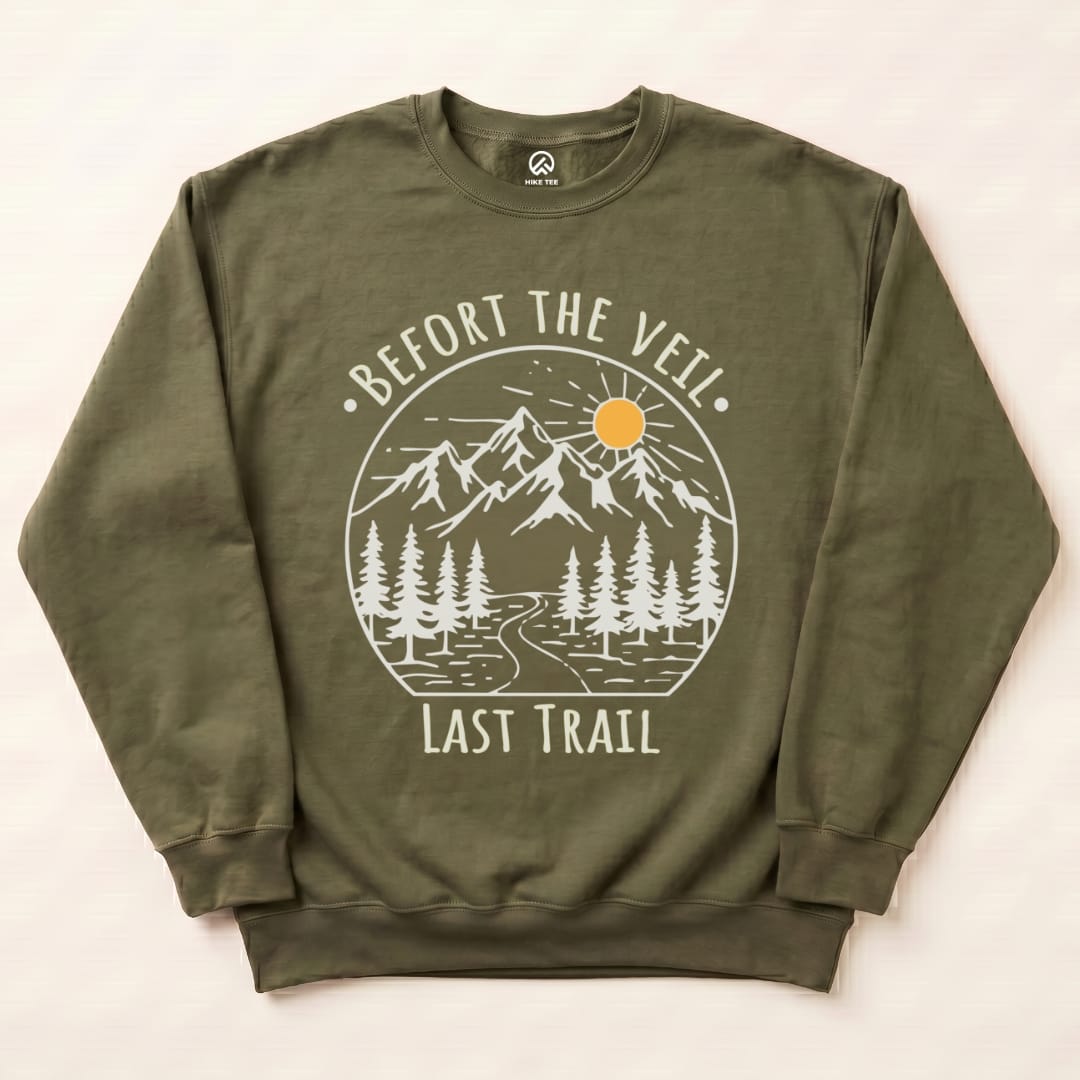 Olive green Bachelorette Party Hiking Sweatshirt featuring mountains, trees, and the slogan "Before the Veil, Last Trail.