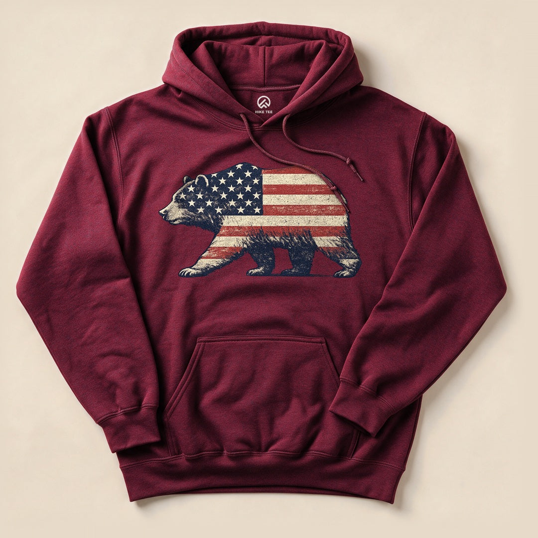 Maroon Bear Flag Hoodie with a vintage bear silhouette filled with the American flag