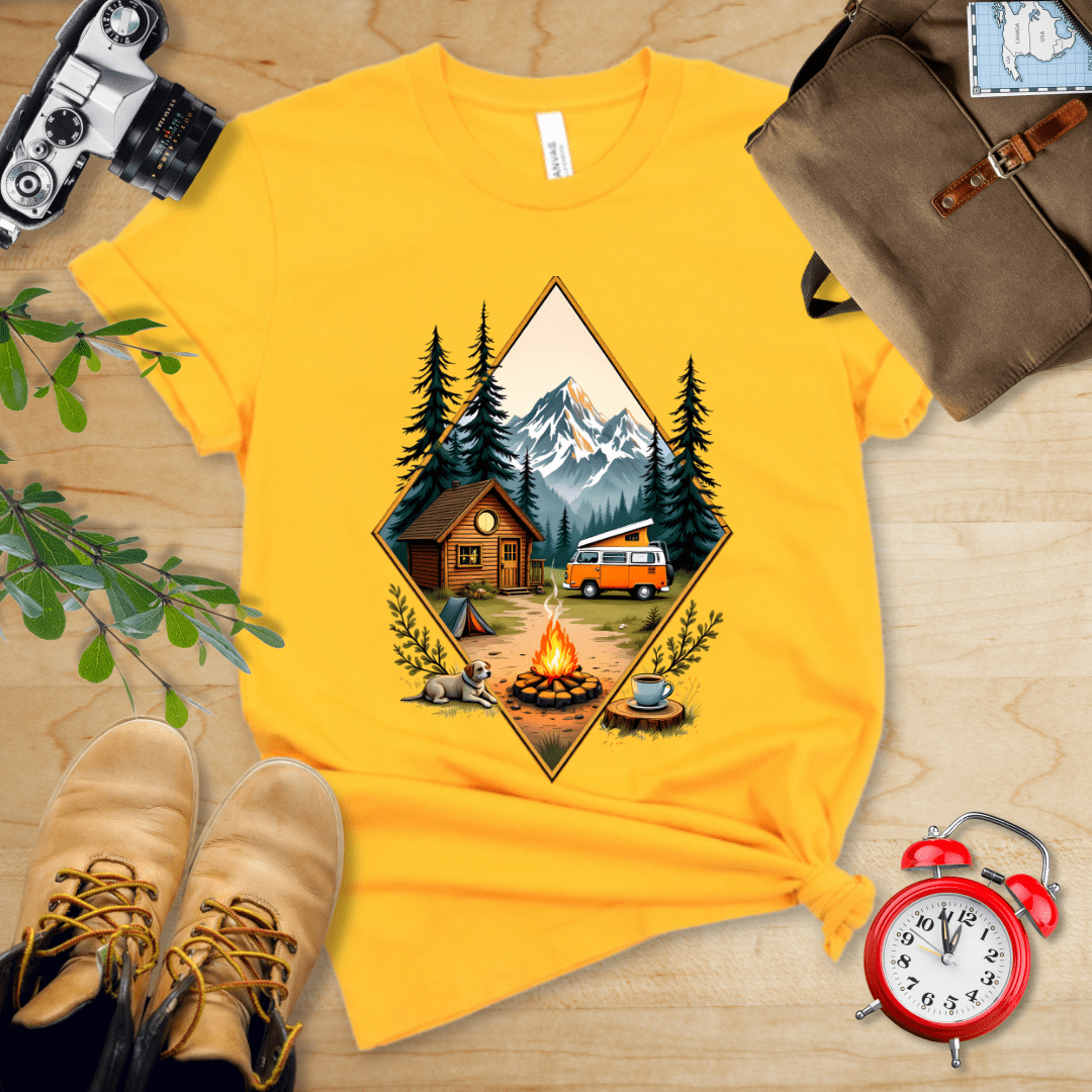 Hike Tee T-Shirt Gold / S Camping with Campfire Shirt