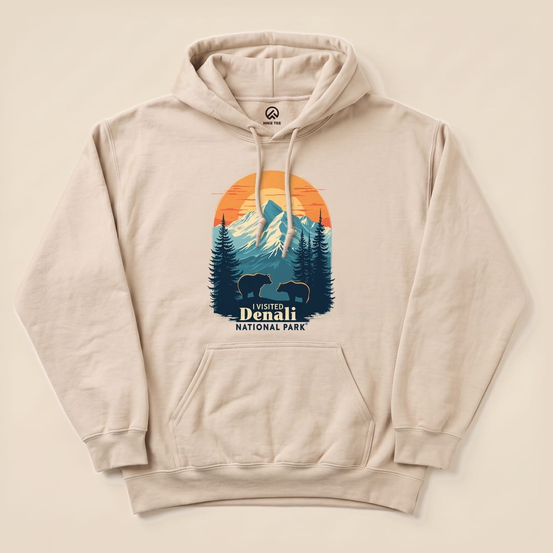 Denali National Park Hoodie features a graphic of two bears with mountains and a sunset, accented with "I Visited Denali National Park.