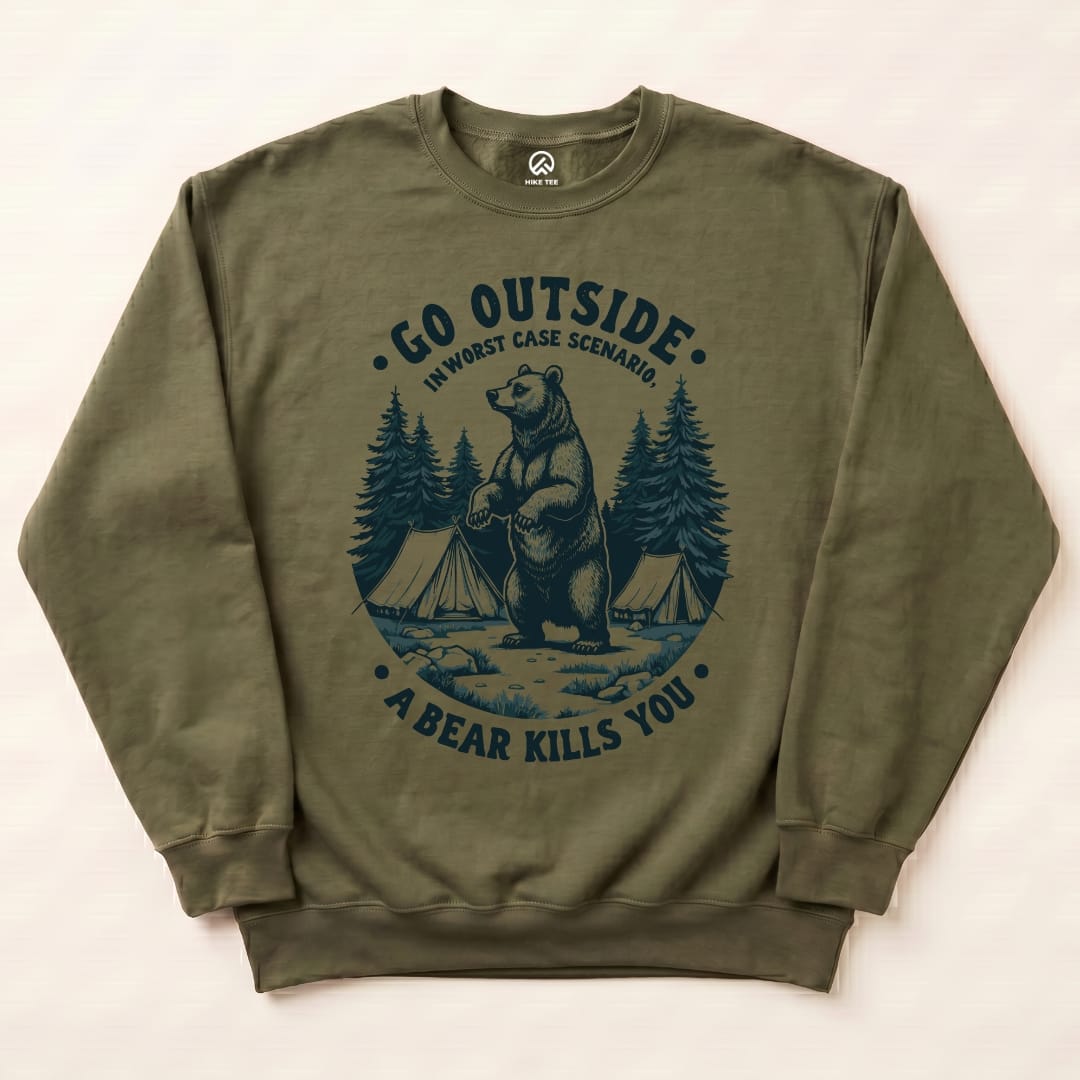 Go Outside Bear Sweatshirt Hike Tee Sweatshirt Military Green / S