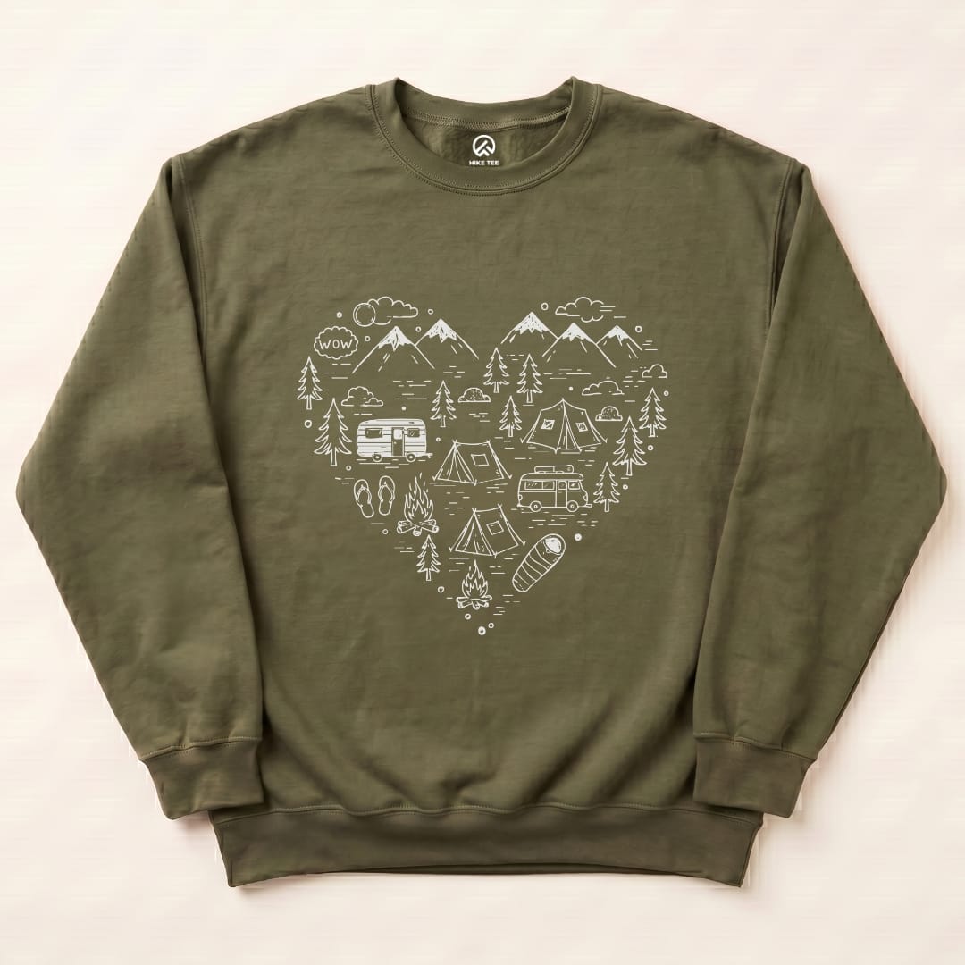 Heart Camping Sweatshirt Hike Tee Sweatshirt Military Green / S