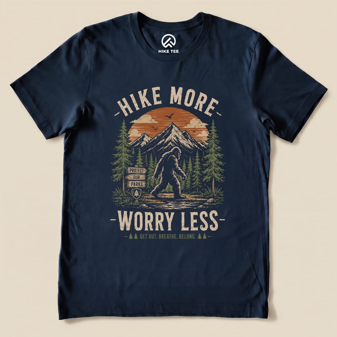Hike More, Worry Less Bigfoot Shirt Hike Tee T-Shirt Navy / S