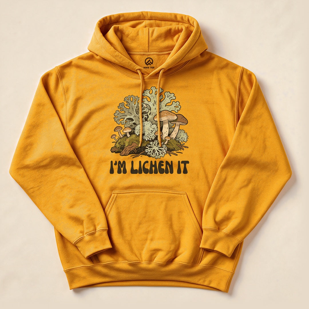 Gold I'm Lichen It Hoodie with a vintage mushroom and lichen graphic