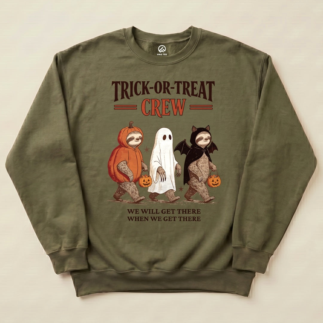 Military Green Trick-or-Treat Crew Sweatshirt with a sloth trio in Halloween costumes graphic
