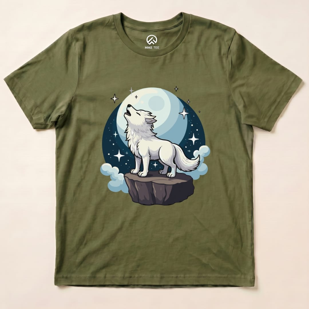 White Wolf With Moon Shirt Hike Tee T-Shirt Military Green / S