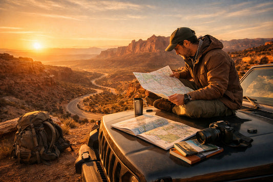 Solo traveler sitting on SUV hood studying a road map at a scenic desert overlook before a national parks trip.