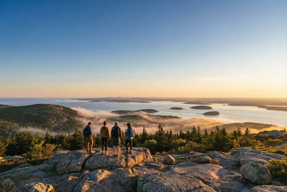 Hikers watching sunrise from Cadillac Mountain in Acadia National Park overlooking the Atlantic Ocean.