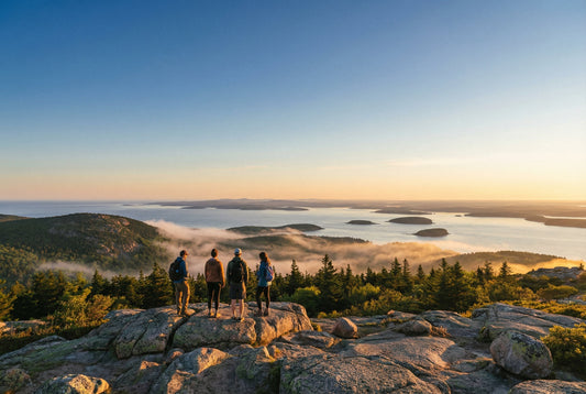 Hikers watching sunrise from Cadillac Mountain in Acadia National Park overlooking the Atlantic Ocean.