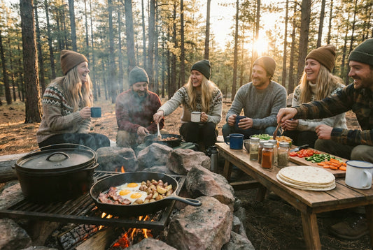Campers cooking breakfast together over a campfire in the forest using a cast-iron skillet and Dutch oven.