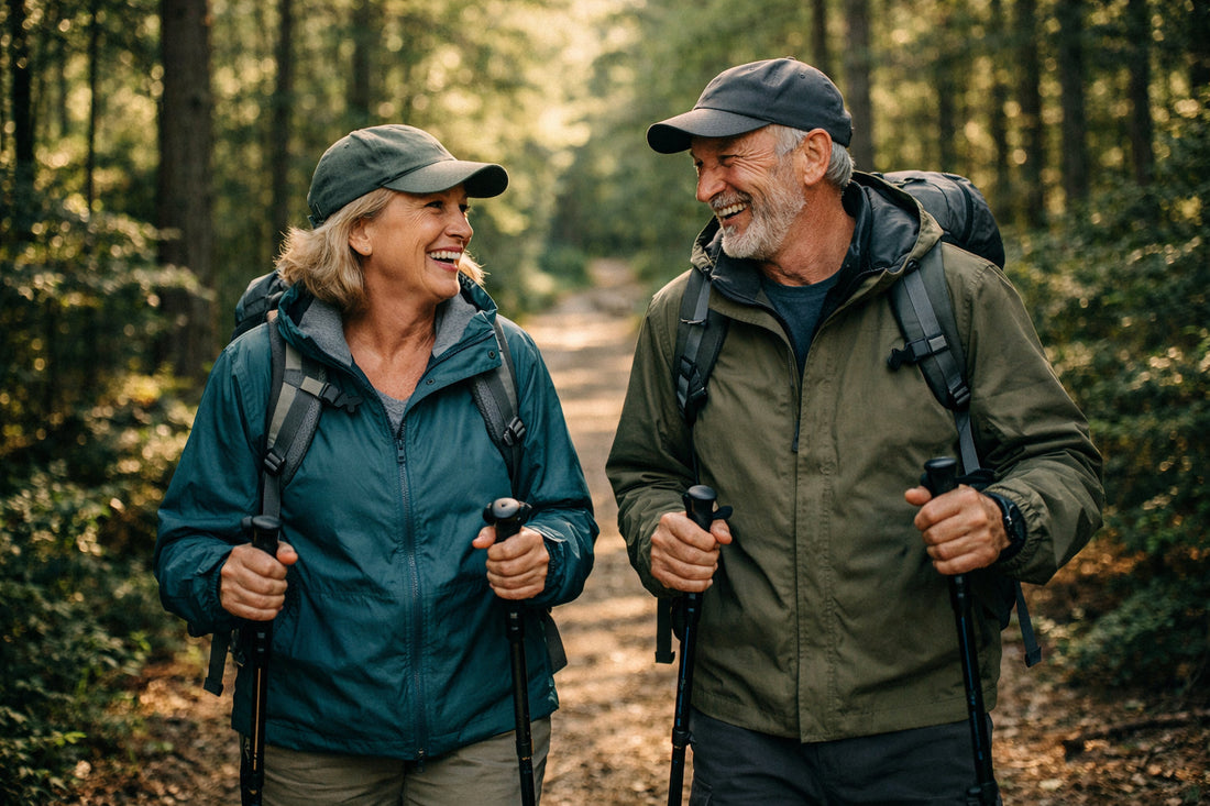 Two senior hikers walking together on a forest trail, enjoying low-impact hiking after age 50