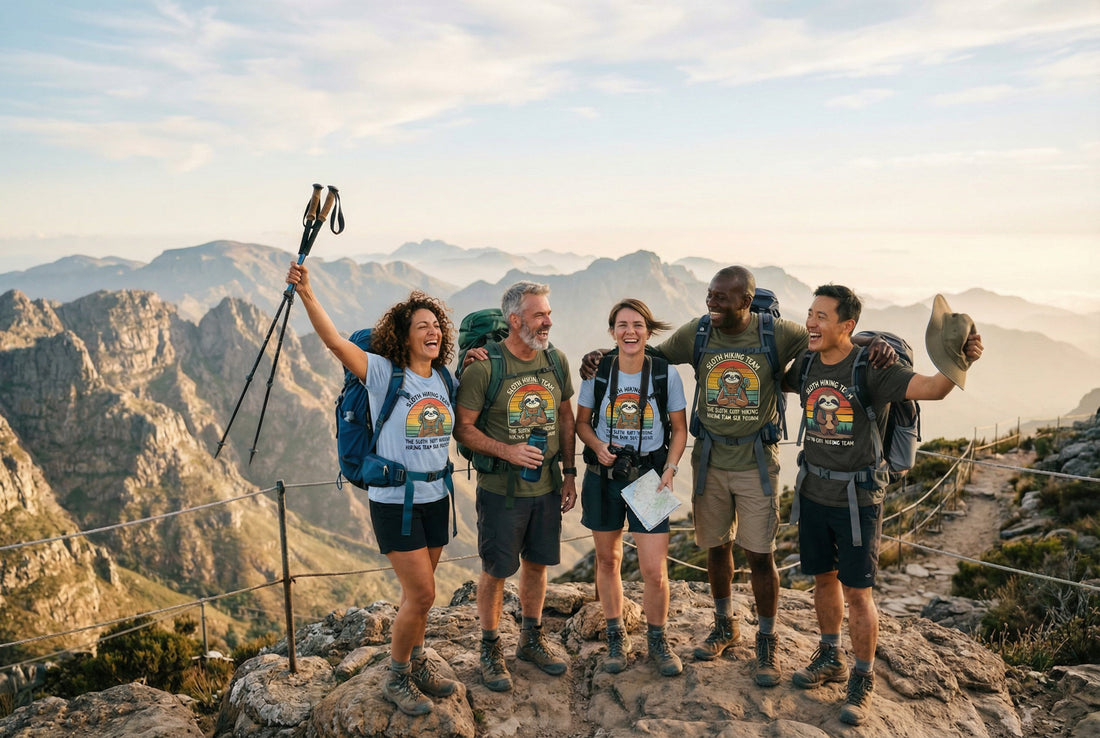 The hiking group is wearing Sloth Hiking Team T-shirts and posing for a photo.