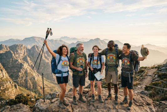 The hiking group is wearing Sloth Hiking Team T-shirts and posing for a photo.