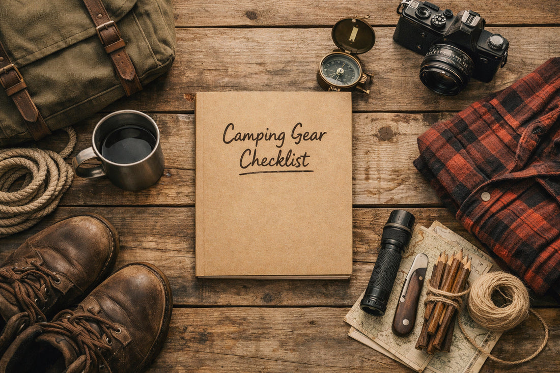 Camping gear checklist notebook surrounded by essential camping equipment on a wooden table