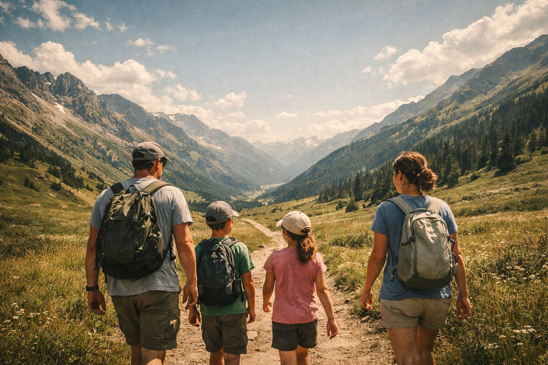 Family hiking on a sunny summer trail wearing breathable hiking shirts for hot weather