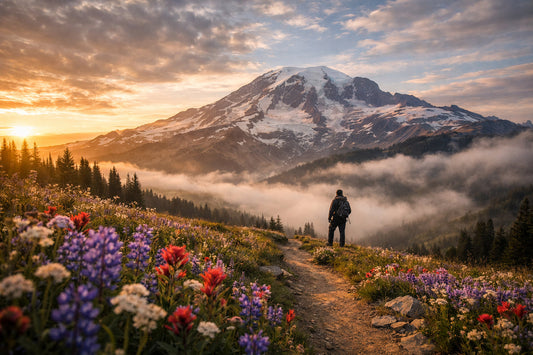 Snow-capped Mount Rainier above a wildflower meadow with hiking trail at sunrise in Mount Rainier National Park.
