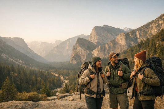 Group of hikers at a scenic overlook in a US National Park preparing for a trail adventure.