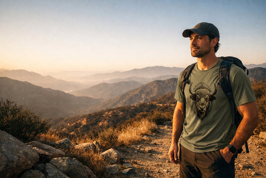 Hiker wearing a breathable hiking shirt standing on a mountain ridge at sunrise with scenic Southern California trail views.