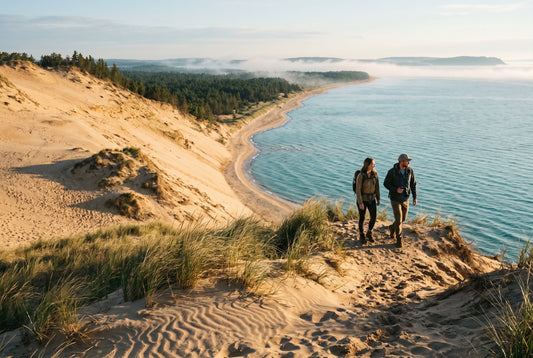 Hikers overlooking dunes and Great Lakes scenery in Michigan national parks at sunrise.