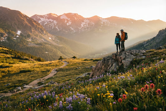 Sunrise over Rocky Mountain National Park with snowy peaks, alpine meadow, and hikers on scenic overlook.