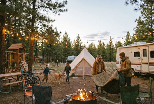 Family enjoying a kid-friendly campground with tents, outdoor games, bikes, and a cozy campfire at golden hour.