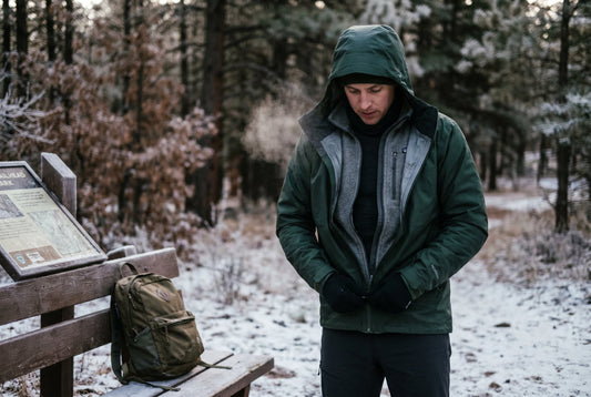 Hiker adjusting layered cold-weather hiking clothes on a frosty forest trail before starting a winter hike.