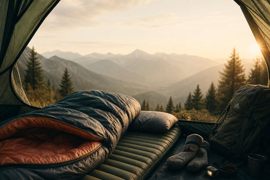 Cozy camping sleep setup inside an open tent with a sleeping bag, sleeping pad, pillow, backpack, and misty mountain forest view at sunrise.