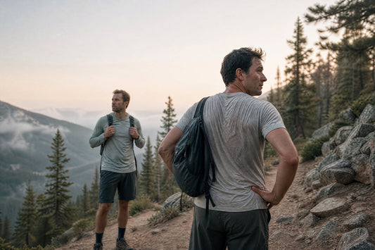 Hiker in a damp cotton t-shirt pauses on a forest trail after a sweaty climb, showing why cotton can feel heavy and uncomfortable while hiking.