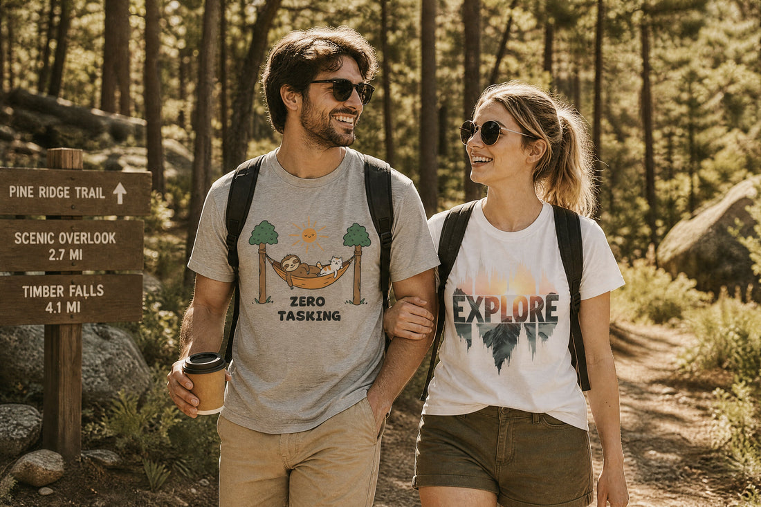 Two relaxed hikers wearing cotton graphic t-shirts starting an easy forest trail walk on a sunny morning with a laid-back outdoor vibe.