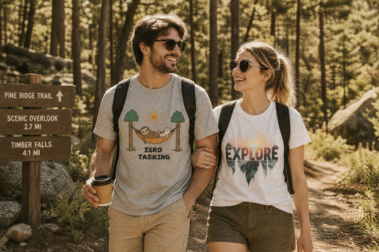 Two relaxed hikers wearing cotton graphic t-shirts starting an easy forest trail walk on a sunny morning with a laid-back outdoor vibe.