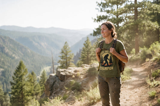 Hiker wearing a comfortable hiking t-shirt on a sunny forest trail with a daypack and scenic outdoor background.