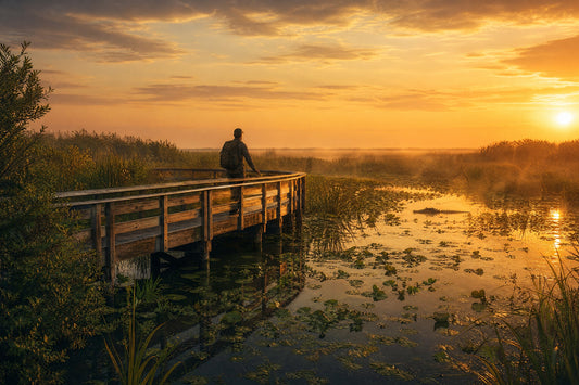 Golden sunset over Everglades wetlands with lone hiker on boardwalk surrounded by sawgrass and calm water