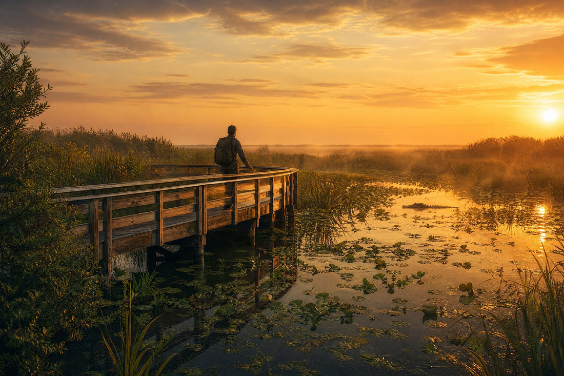 Golden sunset over Everglades wetlands with lone hiker on boardwalk surrounded by sawgrass and calm water