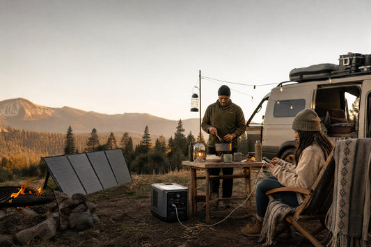 Portable solar generator powering campsite devices while foldable solar panels charge beside a tent in a forest setting.