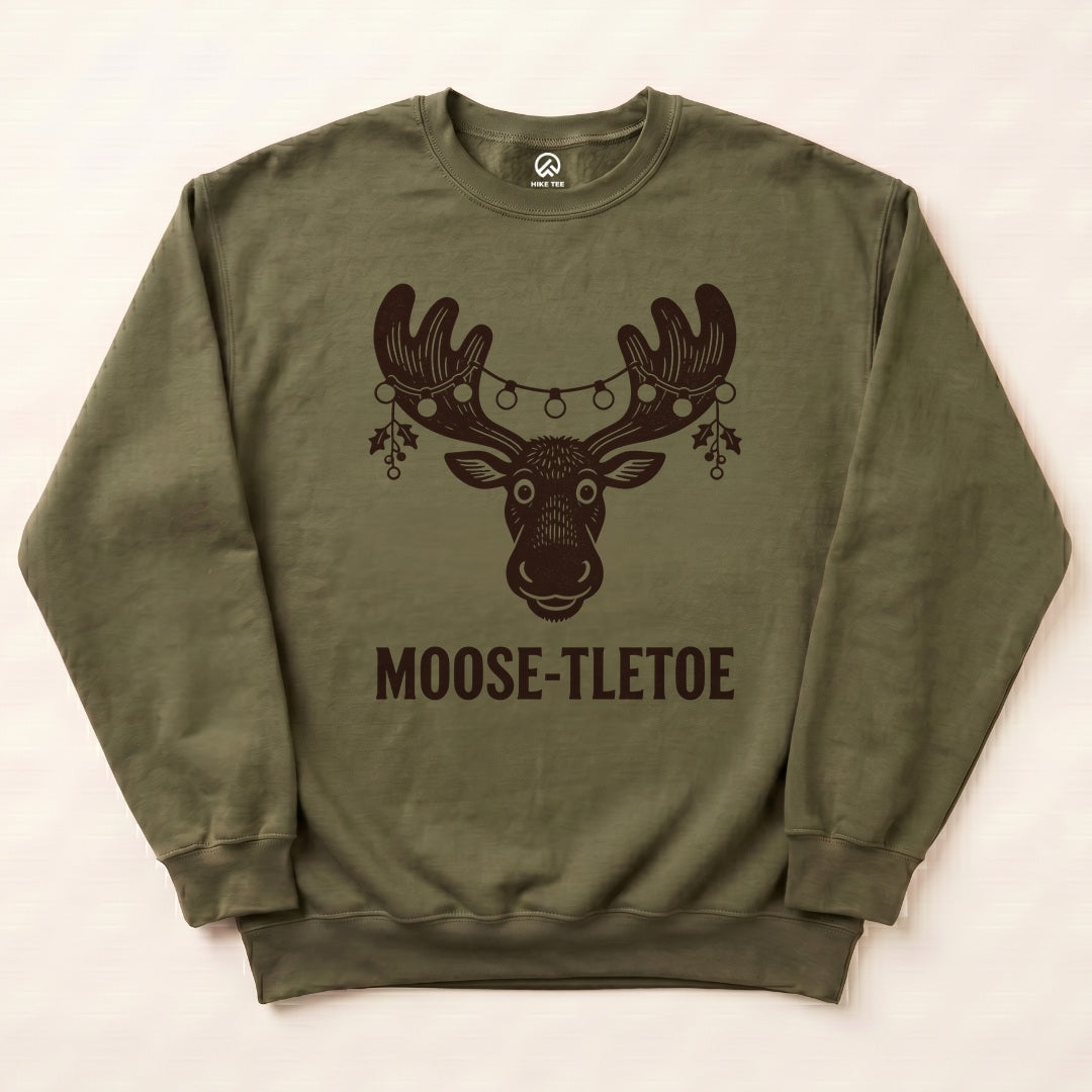 Military Green Moose-tletoe Sweatshirt with a moose wearing string lights and mistletoe graphic