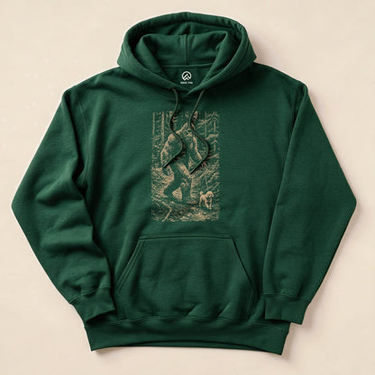 The green "Walking the Dog Hoodie" features a whimsical graphic of a Sasquatch walking a small dog through a forest scene.