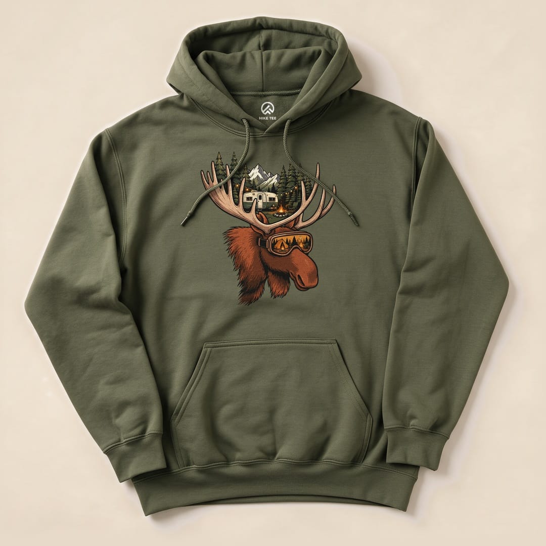 Military Green Rad Moose Hoodie with a moose wearing ski goggles graphic