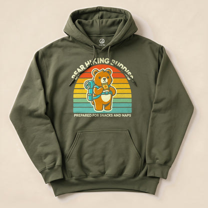 Military Green Bear Hiking Buddies Hoodie with a cute hiking bear graphic