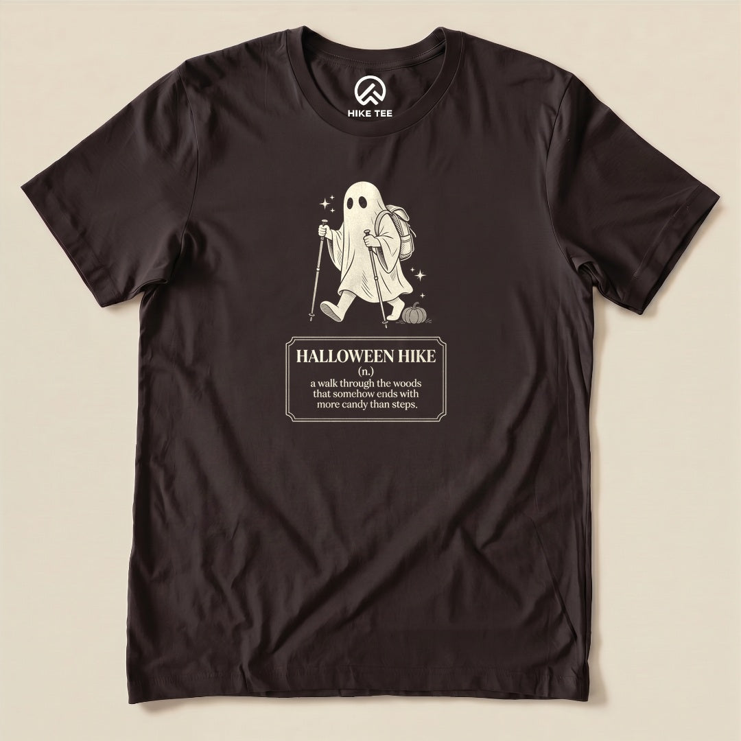 Brown Halloween Hike Definition Shirt with a ghost hiker with a walking stick and a Halloween hike definition graphic