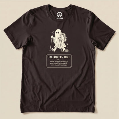 Brown Halloween Hike Definition Shirt with a ghost hiker with a walking stick and a Halloween hike definition graphic