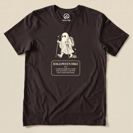 Brown Halloween Hike Definition Shirt with a ghost hiker with a walking stick and a Halloween hike definition graphic