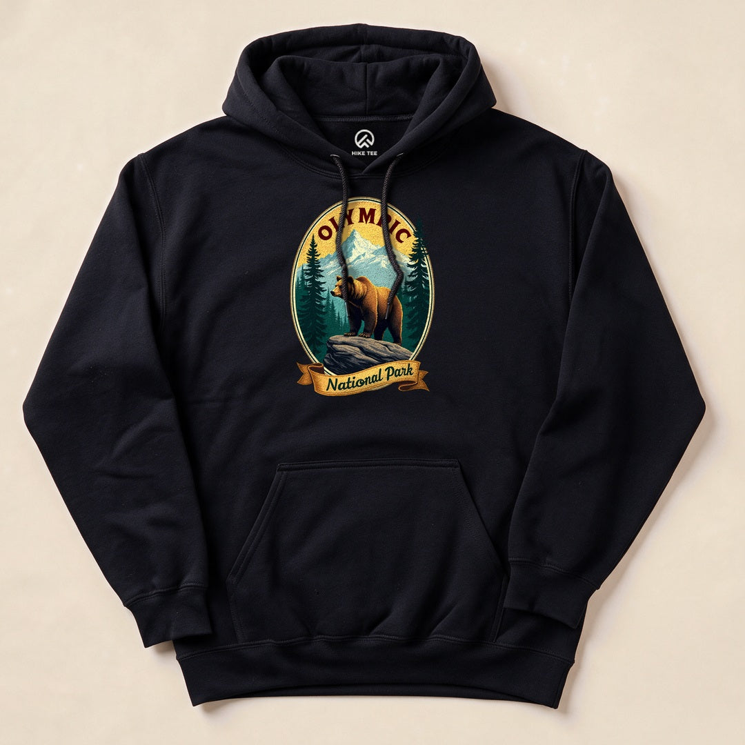 Black Olympic National Park Bear Hoodie with a vintage bear and mountains badge graphic