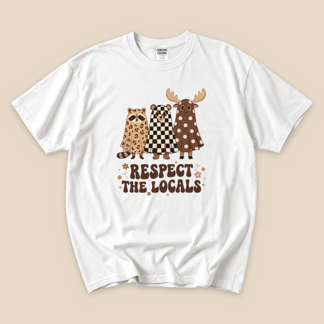 White Respect the Locals Ghosts T-Shirt with a ghost raccoon and moose Respect the Locals graphic